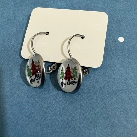 ❄️SALE! NEW Holiday Leverback Merry Christmas Earrings Metal & Glass - Picture 11 of 12